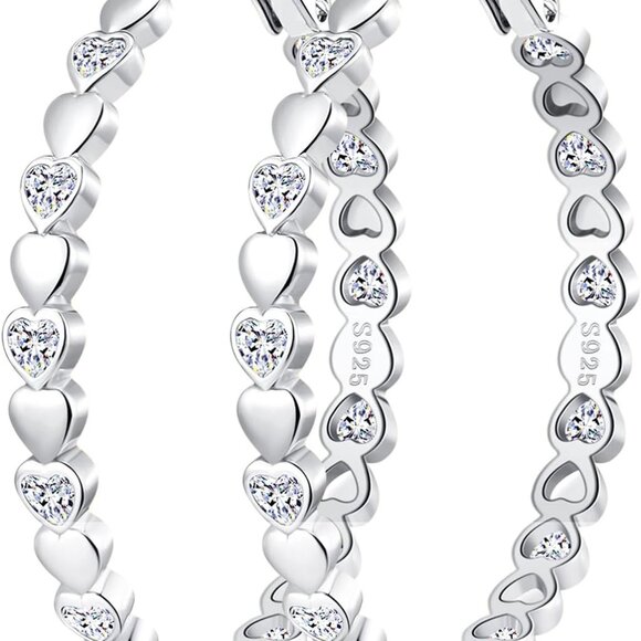 Sparkling Heart CZ Large Hoop Earrings - 14k Gold Plated, 30/40/50/66mm Sizes - Picture 1 of 7